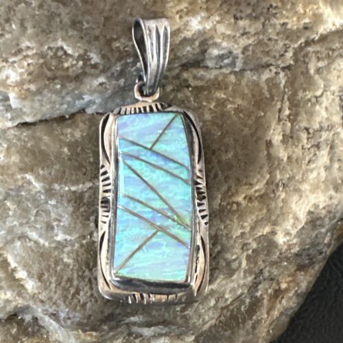 Navajo Blue Fire Opal Inlay Pendant | Sterling Silver | Authentic Native American Handmade | 16484