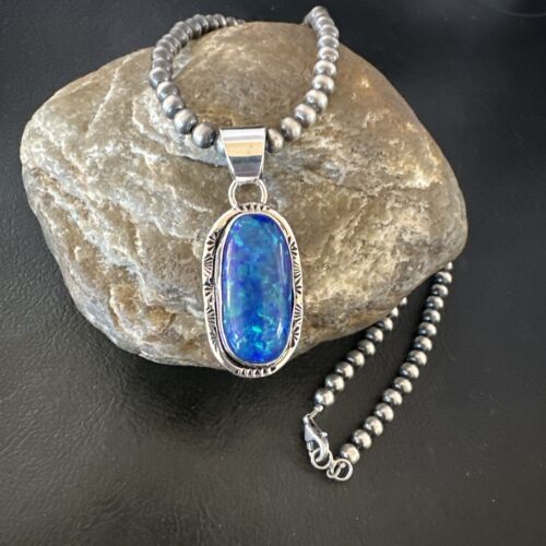 Men's Women's Blue Fire Opal Navajo Pendant | Sterling Silver | Authentic Native American Handmade | 16482