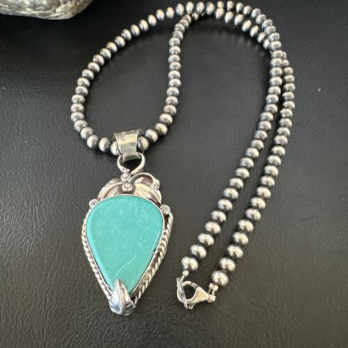 Navajo Blue Turquoise Pendant Necklace | Sterling Silver Pearls | Authentic Native American Handmade | 15648