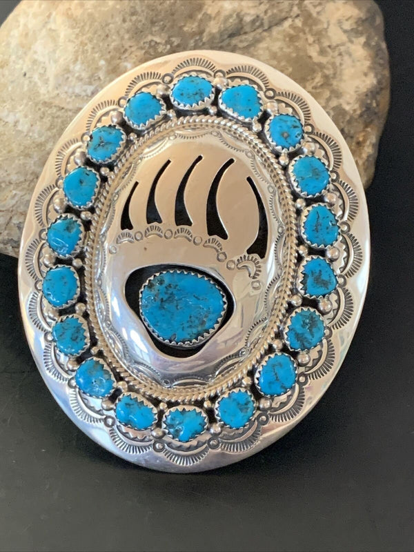 Bearpaw Navajo Blue Kingman Turquoise Concho Belt Buckle | Sterling Silver | Authentic Native American Handmade | 2082