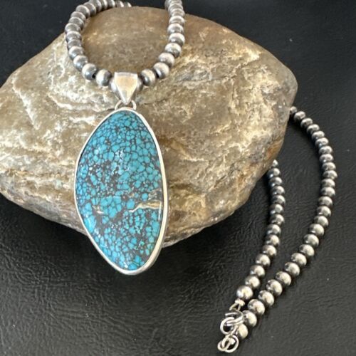 Men's Navajo Blue Spiderweb Turquoise Pendant Necklace | Sterling Silver | Authentic Native American Handmade | 16217