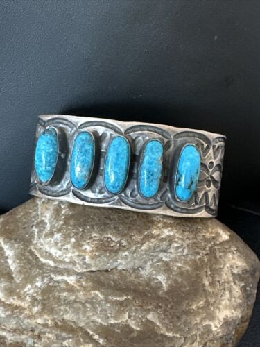 XL Men's Kingman Turquoise 5 Stone Cuff Bracelet | Navajo Sterling Silver | Authentic Native American Handmade | 15858