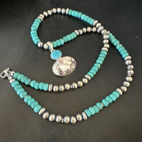 Navajo Wild Horse | Blue Kingman Turquoise Pendant Necklace | Sterling Silver | Native American Handmade | 17572
