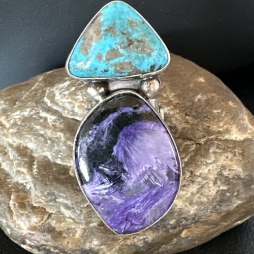 Navajo Blue Turquoise Purple Charoite Ring | Authentic Native American Sterling Silver | Multi-Stone | Sz 8 | 15916