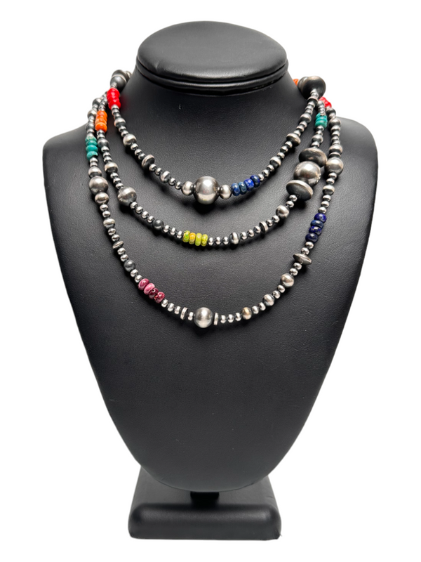 4mm - 16mm Mixed Gauge Sterling Silver Navajo Pearls | Multi-Color Bead | Authentic Native American Handmade Necklace | Length 18"-96"