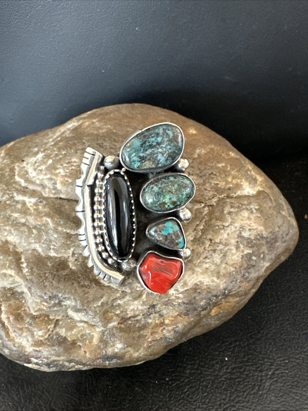 Navajo Cluster Onyx Blue Turquoise Coral Ring Sz 7.5 | Sterling Silver | Authentic Native American Handmade | 18886