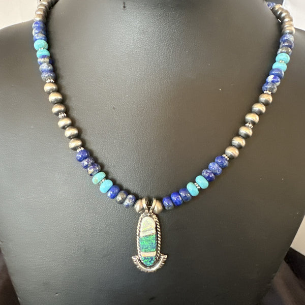 Women's Opal Inlay Pendant Navajo Blue Lapis Bead Necklace | Sterling Silver | Authentic Native American Handmade | 18914