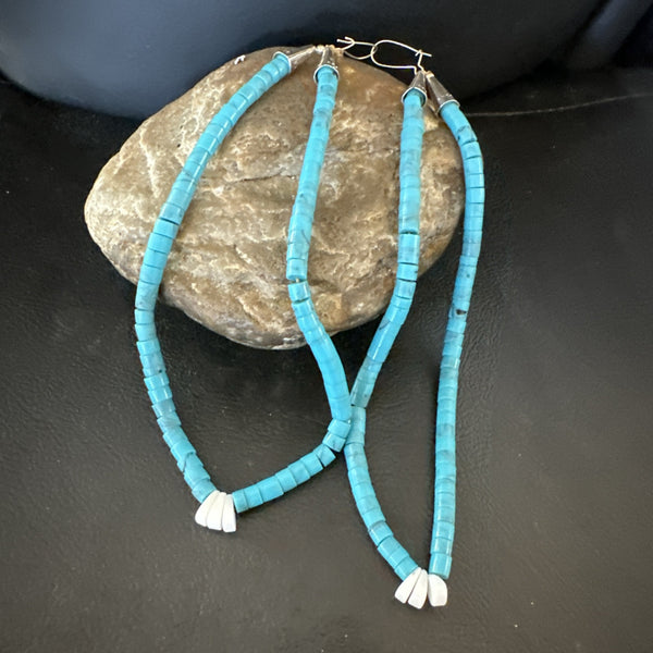 Blue Turquoise White Santo Domingo Dangle Earrings 4" | Sterling Silver | Authentic Native American Handmade | 19314
