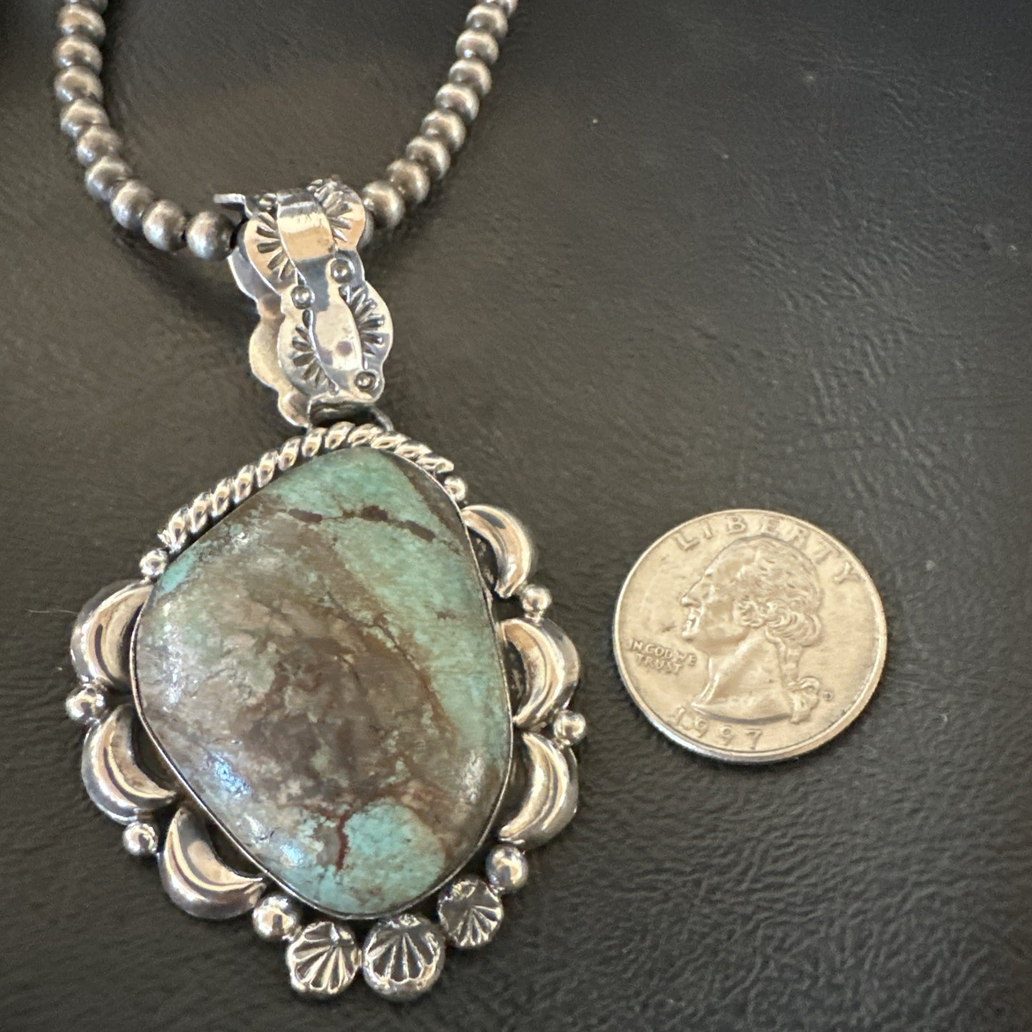Navajo Sterling Silver Green Rustic Turquoise Necklace Pendant 2.75” 19013