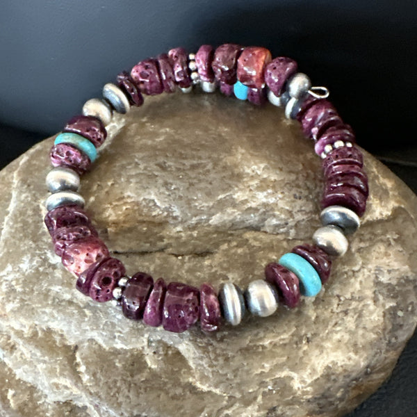 Purple Spiny Turquoise 8mm Wire Bead Wrap Bracelet Navajo | Sterling Silver | Authentic Native American Handmade | 18902