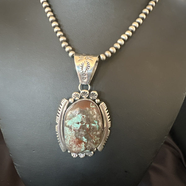 Yazzie Navajo Blue Rustic Turquoise Necklace Pendant 3" | Sterling Silver | Authentic Native American Handmade | 18997