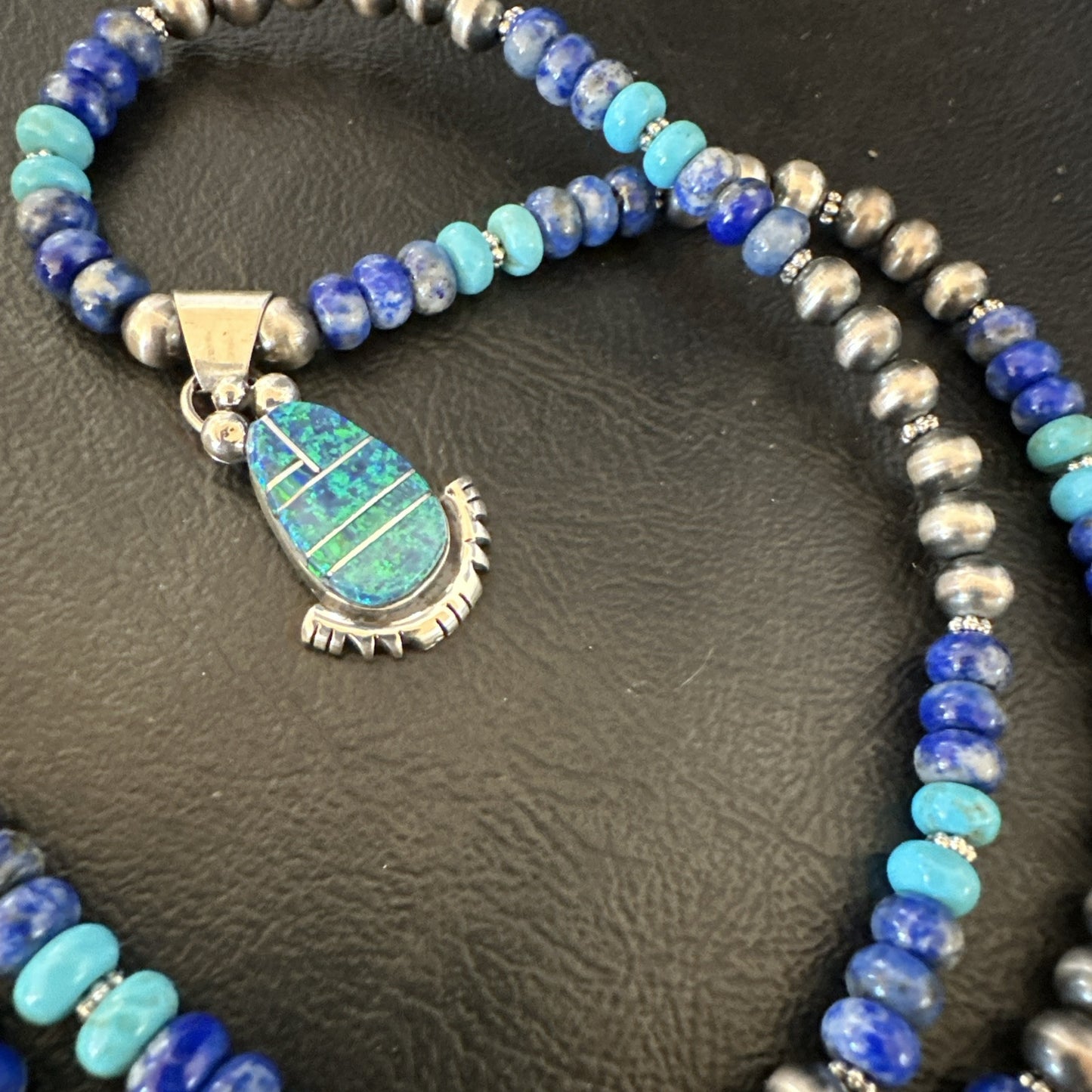 WoMens Opal Inlay Pendant Navajo Sterling Silver Blue Lapis Bead Necklace 18918