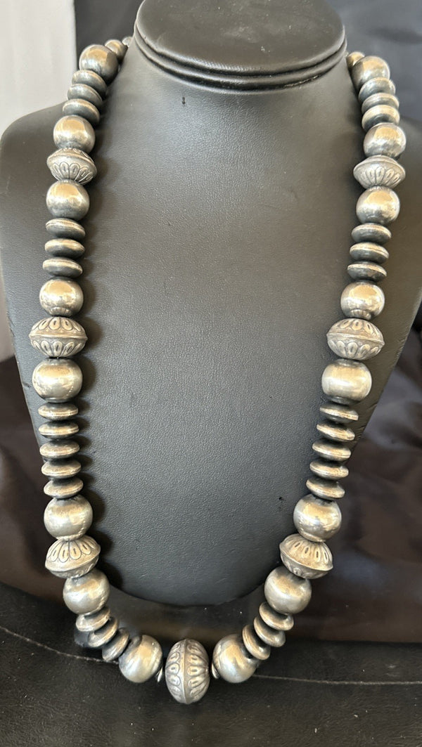Handmade Bench Flat Navajo Pearls Bead Necklace 24" | Sterling Silver | Authentic Native American Handmade | 19001