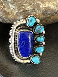 Navajo Cluster Lapis Kingman Turquoise Ring Sz 8 | Sterling Silver | Authentic Native American Handmade | 18883
