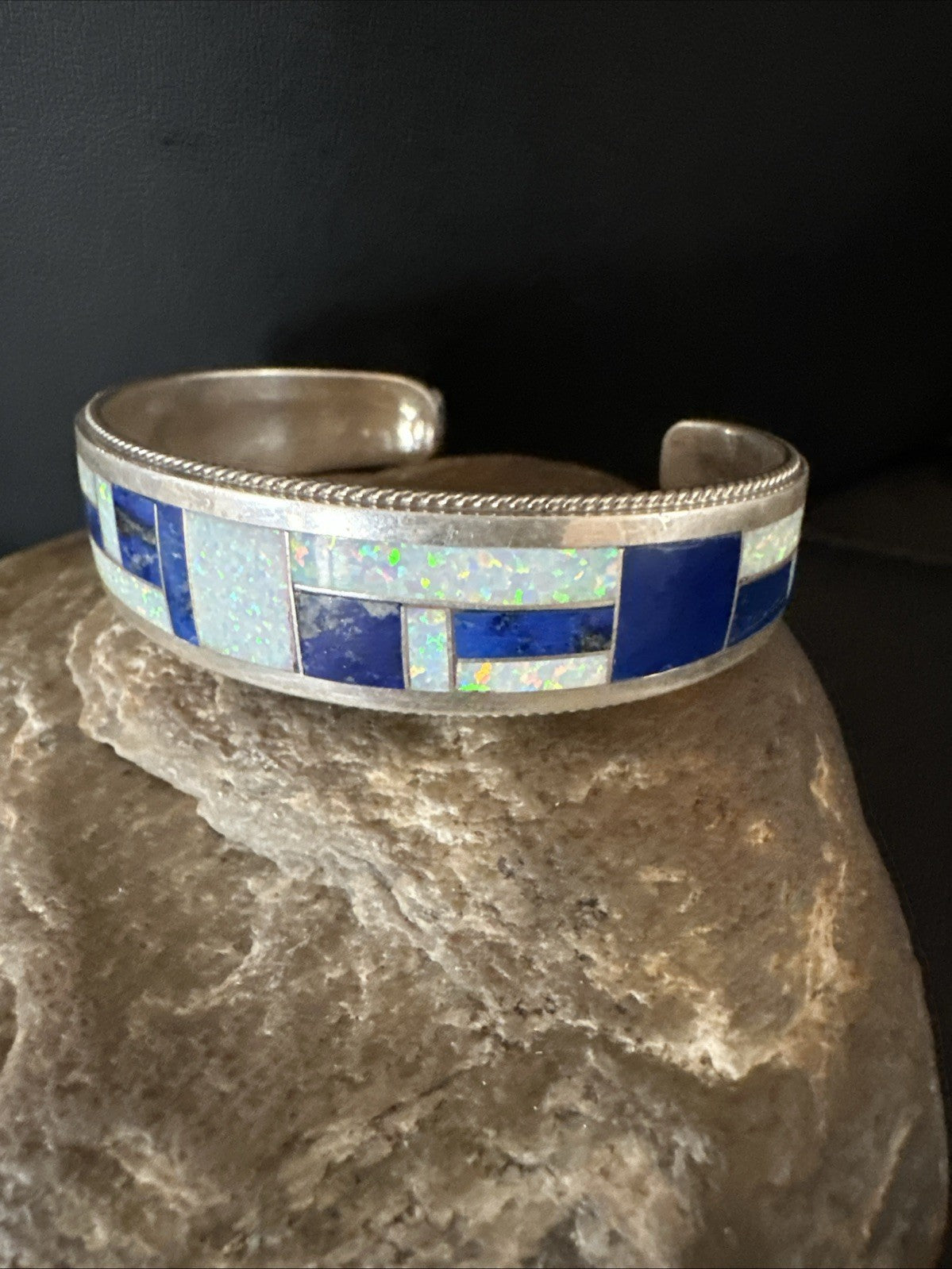 White Gilson Fire Opal Lapis Zuni Sterling Silver Inlay Bracelet 7.5" 18992