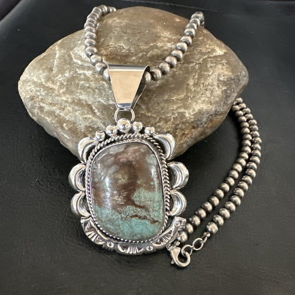 Yazzie Navajo Blue Rustic Turquoise Necklace Pendant | Sterling Silver | Authentic Native American Handmade | 18976