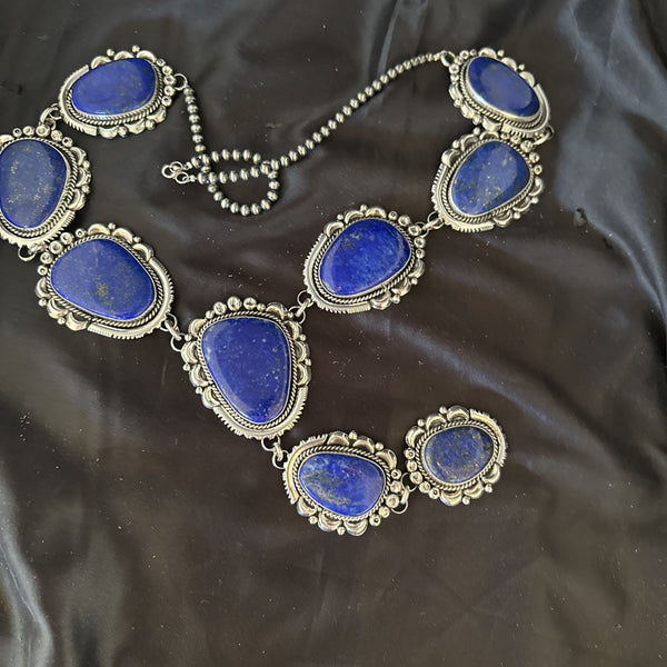 XXL Men's Women's Lapis Lazuli Beads Lariat Necklace 31" | Sterling Silver | Authentic Native American Handmade | 18987