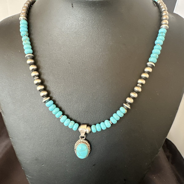 Women's Blue Kingman Turquoise Pendant Navajo Necklace 21" | Sterling Silver | Authentic Native American Handmade | 18937