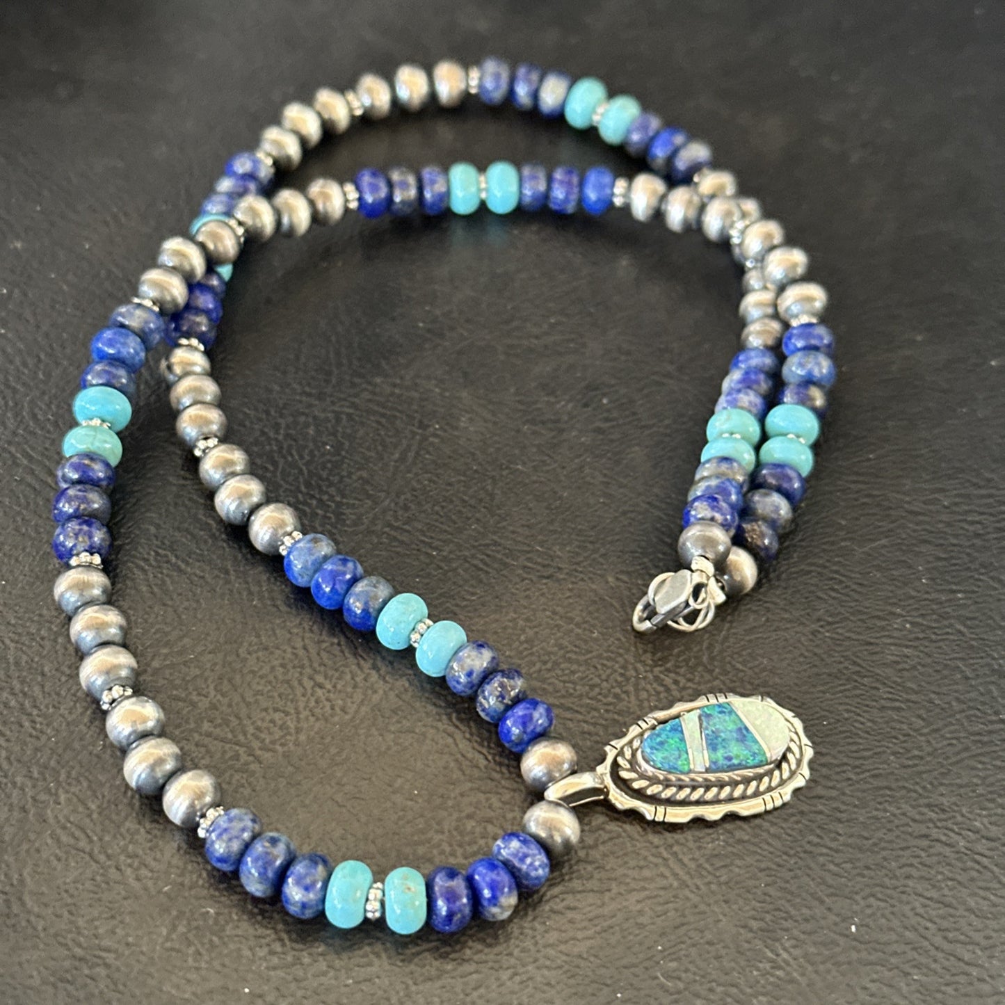WoMens Opal Inlay Pendant Navajo Sterling Silver Blue Lapis Bead Necklace 18915