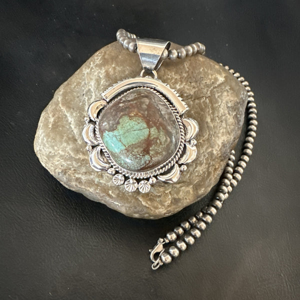 Yazzie Navajo Blue Rustic Turquoise Necklace Pendant | Sterling Silver | Authentic Native American Handmade | 18971