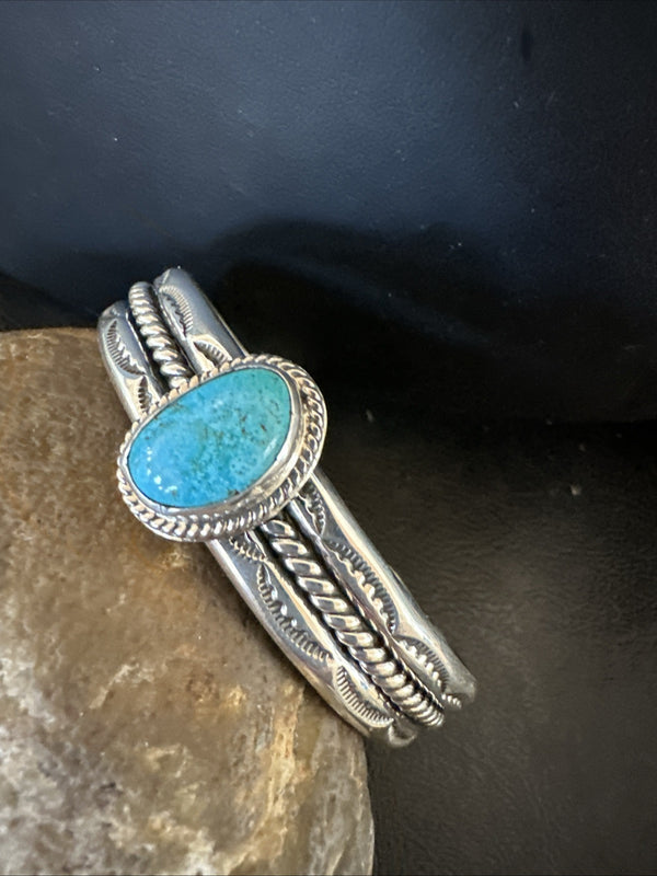 Stamped Blue Kingman Turquoise Cuff Bracelet 7.25" | Sterling Silver | Authentic Native American Handmade | 18984