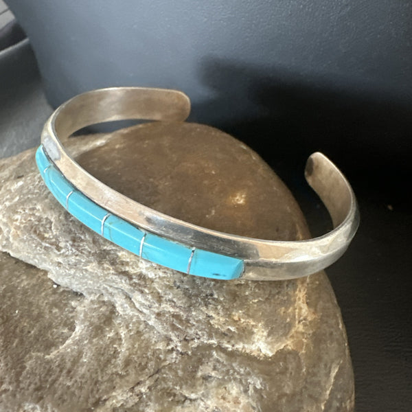 Old Pawn Blue Turquoise Navajo Cuff Inlay Bracelet | Sterling Silver | Authentic Native American Handmade | 18891