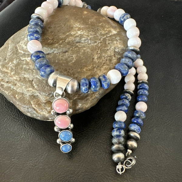 Cluster Pendant Pink Conch Lapis Navajo Pearls Necklace | Sterling Silver | Authentic Native American Handmade | 18896