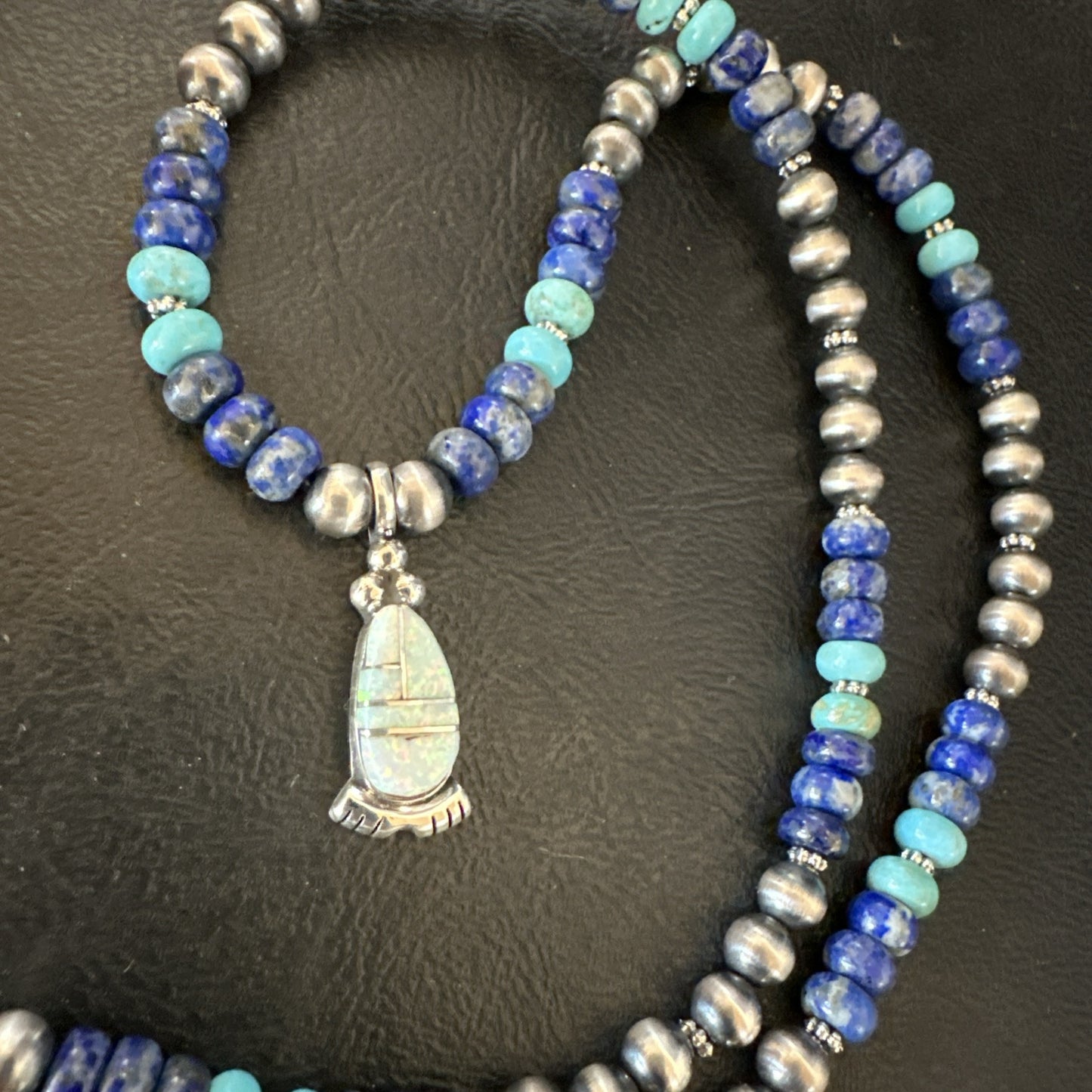 WoMens Opal Inlay Pendant Navajo Sterling Silver Blue Lapis Bead Necklace 18912