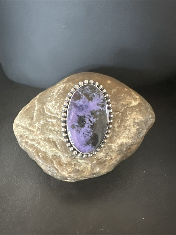 H Joe Purple Charoite Navajo Oval Ring Size 7.5 | Sterling Silver | Authentic Native American Handmade | 18963