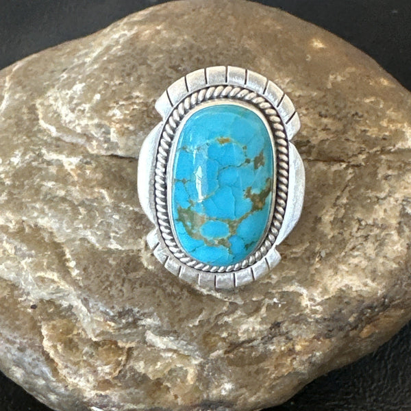 Navajo Blue Kingman Turquoise Adjustable Ring Size 7 | Sterling Silver | Authentic Native American Handmade | 19005