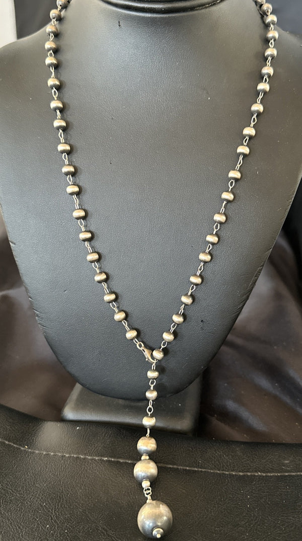 Y Rosary Bead Lariat Navajo Beads Necklace 6mm 22" | Sterling Silver | Authentic Native American Handmade | 18932