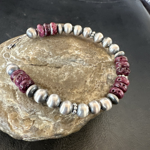 Purple Spiny Oyster 8mm Bead Bracelet Navajo 6.5" | Sterling Silver | Authentic Native American Handmade | 18946