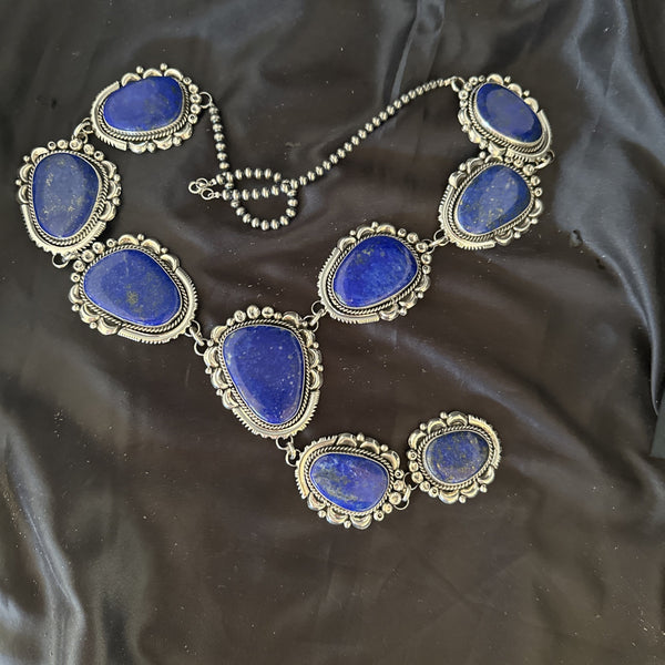 XXL Men's Women's Lapis Lazuli Beads Lariat Necklace 31" | Sterling Silver | Authentic Native American Handmade | 18987