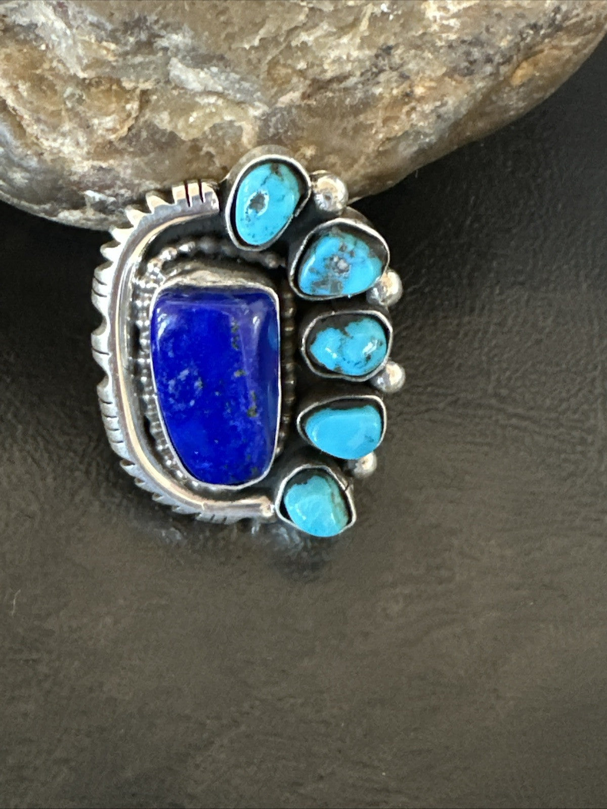 Navajo Cluster Lapis Kingman Turquoise Sterling Silver Ring Sz 8 18883