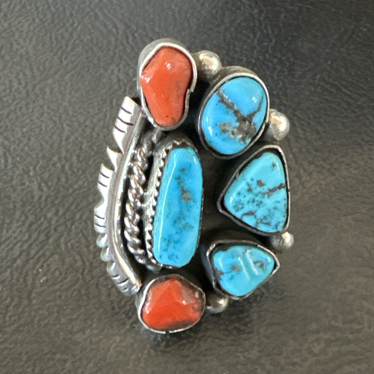 Navajo Cluster Blue Kingman Turquoise Coral Sterling Silver Ring Sz 7 18881