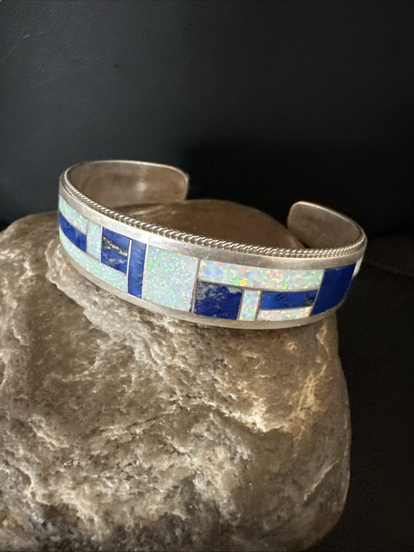 White Gilson Wire Opal Lapis Zuni Inlay Bracelet 7.5" | Sterling Silver | Authentic Native American Handmade | 18992