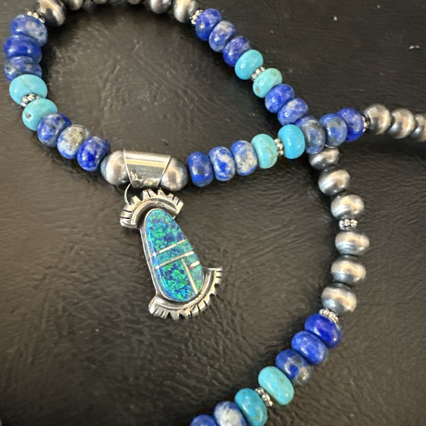 WoMens Opal Inlay Pendant Navajo Sterling Silver Blue Lapis Bead Necklace 18920
