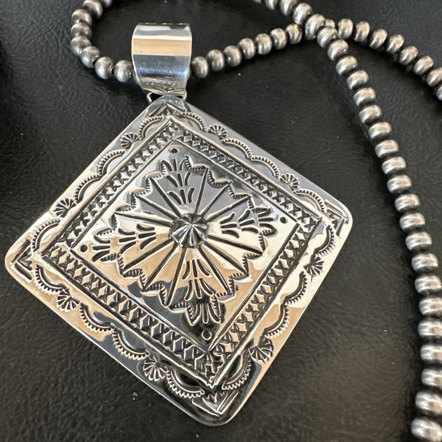 H Joe Handmade Stamped Pendant Navajo Sterling Silver Necklace 3.5" 18980