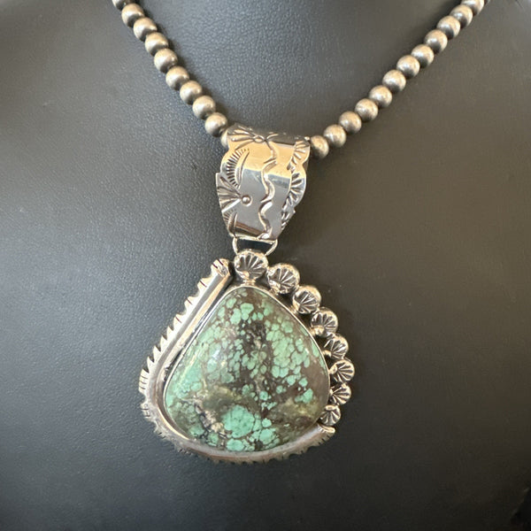 Navajo Green Rustic Turquoise Necklace Pendant 2.75" | Sterling Silver | Authentic Native American Handmade | 19011