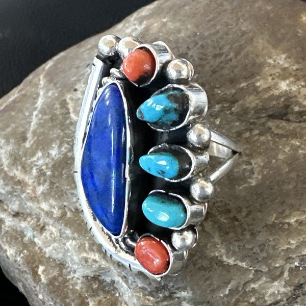 Navajo Cluster Lapis Kingman Turquoise Coral Ring Sz 8 | Sterling Silver | Authentic Native American Handmade | 18882