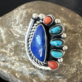 Navajo Cluster Lapis Kingman Turquoise Coral Ring Sz 8 | Sterling Silver | Authentic Native American Handmade | 18882