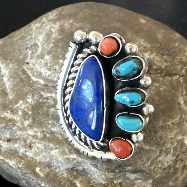 Navajo Cluster Lapis Kingman Turquoise Coral Ring Sz 8 | Sterling Silver | Authentic Native American Handmade | 18882