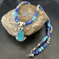 Women's Opal Inlay Pendant Navajo Blue Lapis Bead Necklace | Sterling Silver | Authentic Native American Handmade | 18918
