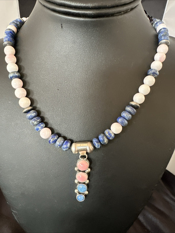 Cluster Pendant Pink Conch Lapis Navajo Pearls Necklace | Sterling Silver | Authentic Native American Handmade | 18896