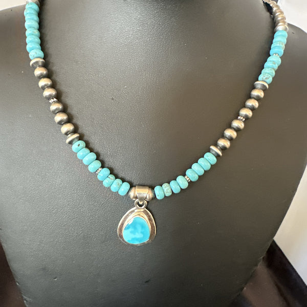 Women's Blue Kingman Turquoise Pendant Navajo Necklace 21" | Sterling Silver | Authentic Native American Handmade | 18938