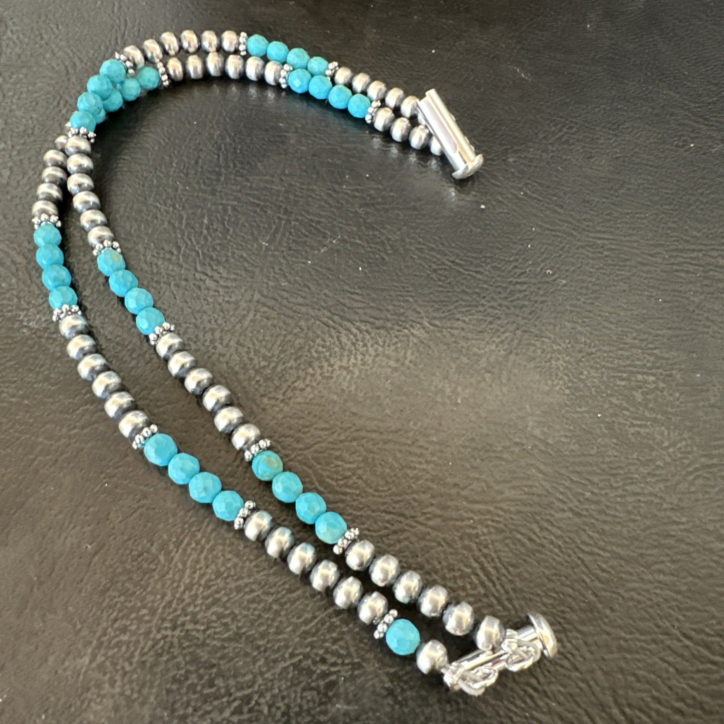 Blue Turquoise Faceted Bead Navajo Sterling Silver Beads Bracelet 7.5" 18999