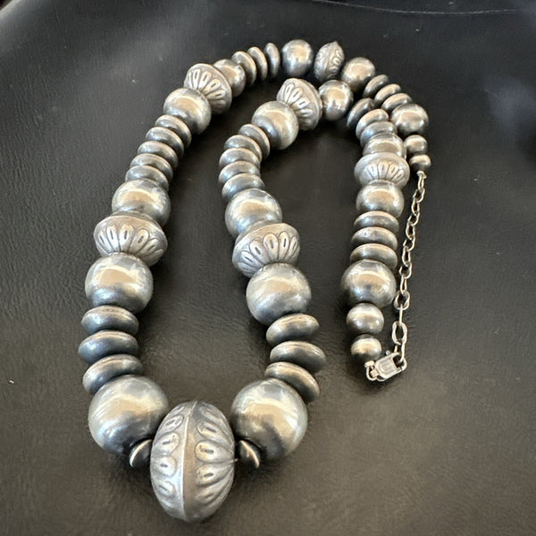 Handmade Bench Flat Navajo Pearls Bead Necklace 24" | Sterling Silver | Authentic Native American Handmade | 19001
