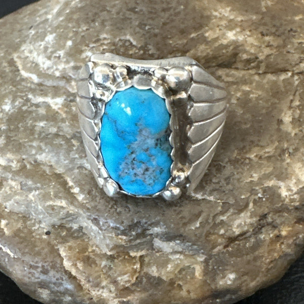 Navajo Blue Kingman Turquoise Ring Size 10.75 | Sterling Silver | Authentic Native American Handmade | 19006