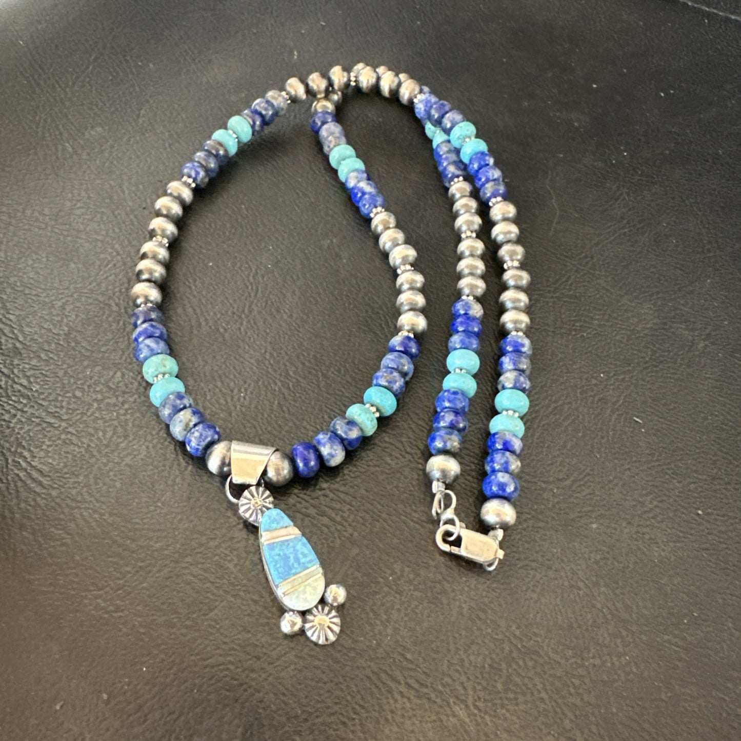 WoMens Opal Inlay Pendant Navajo Sterling Silver Blue Lapis Bead Necklace 18919