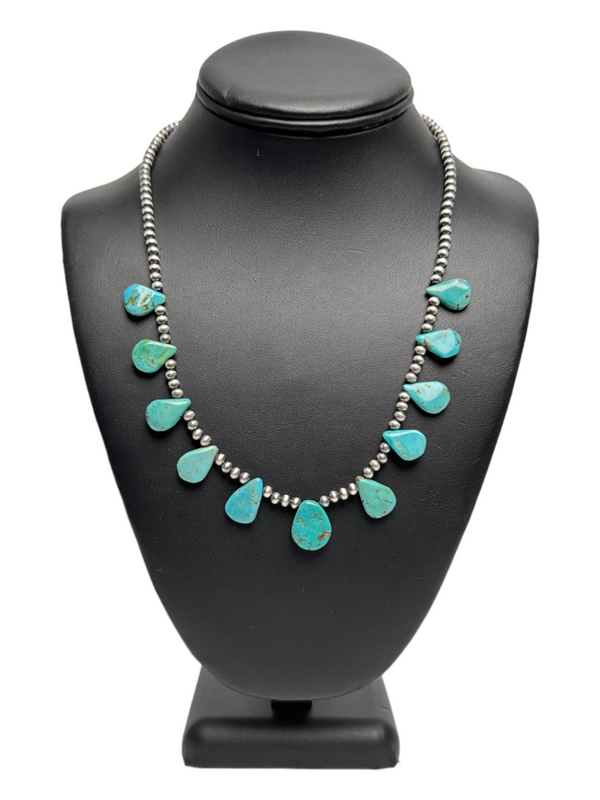 Native American Navajo Pearls Necklace | Sterling Silver | Blue Turquoise Teardrop | 11484